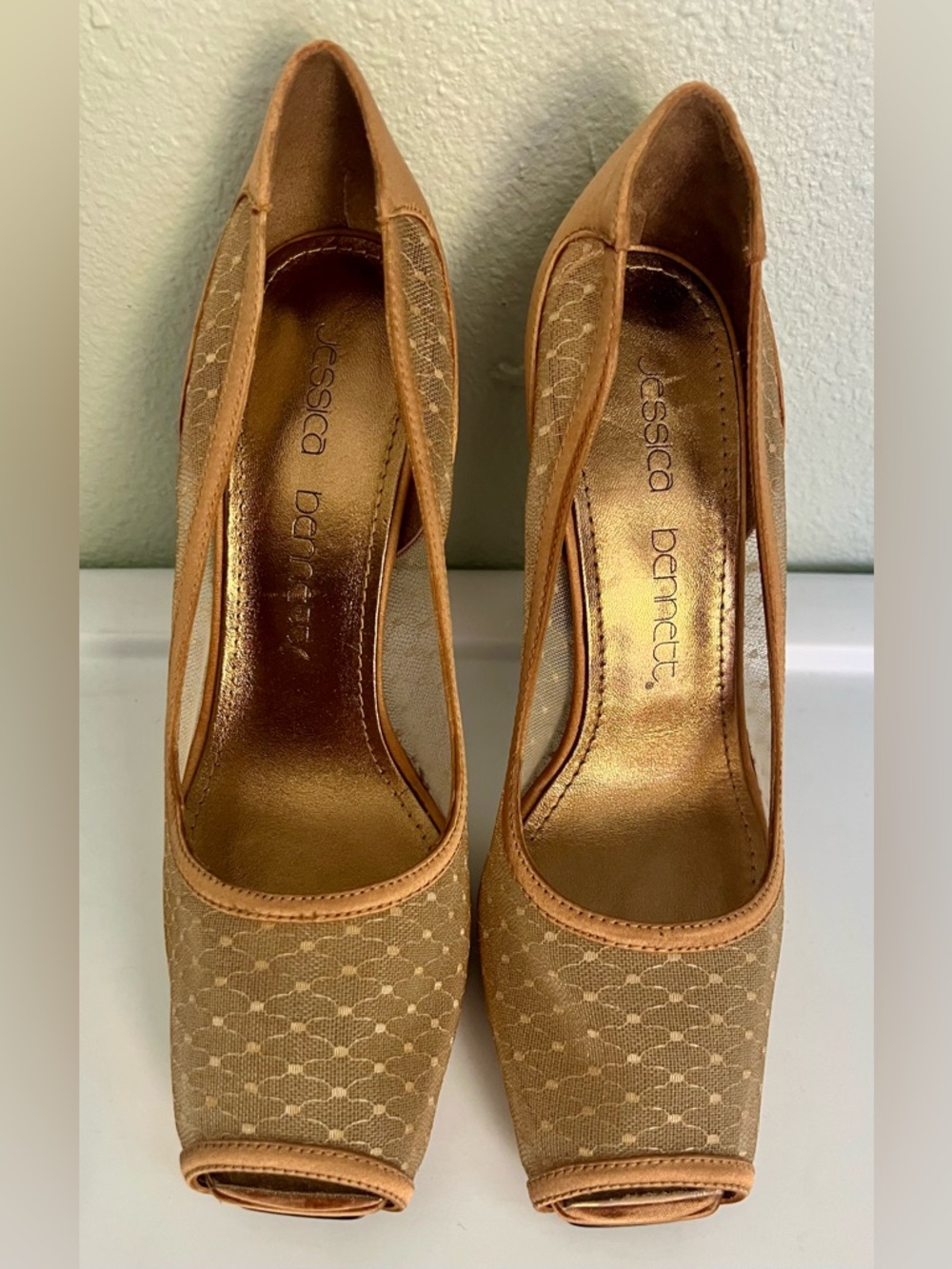 Jessica Bennett Copper Satin w/Mesh Upper Peep-Toe Pumps, Size 7, NWOB.